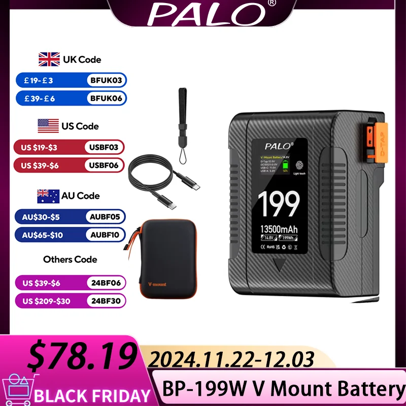 PALO V-Mount V-Lock Battery 199W V Mount Battery Camera Battery For Sony HDCAM XDCAM Camera BMPCC 6K Pro Iphone 15Pro Canon R5C