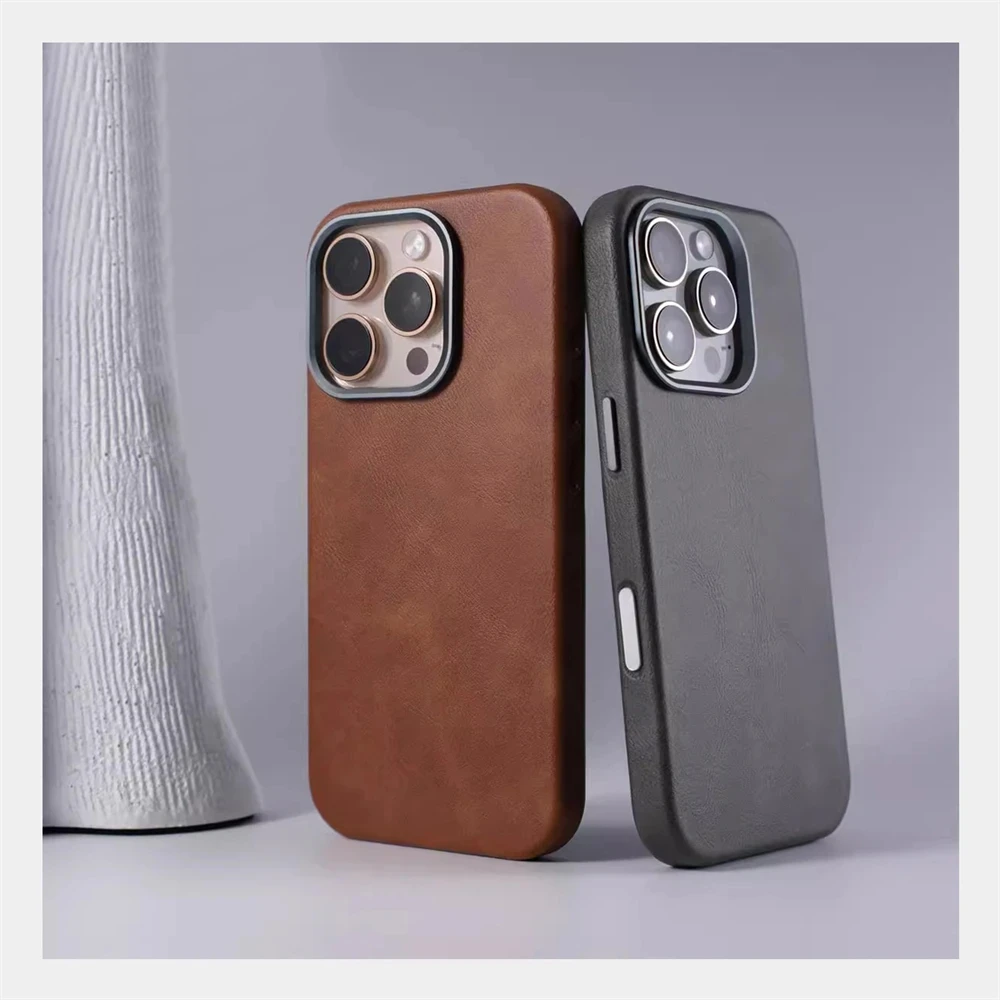 Luxury Business Retro Leather Magnetic Case For iPhone 18 17 Pro Max 16 Plus 15 14 13 MagSafe Alloy Lens Wireless Charging Cover