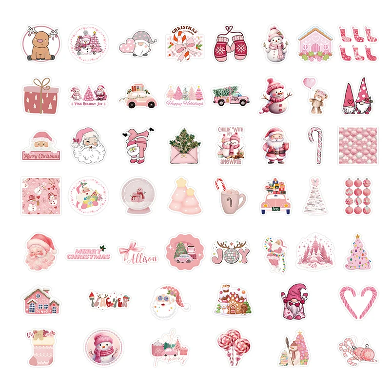 52pcs 귀여운 만화 핑크 크리스마스 스티커 산타 클로스 데칼 노트북 노트북 전화 가방 장식 스티커 어린이 장난감