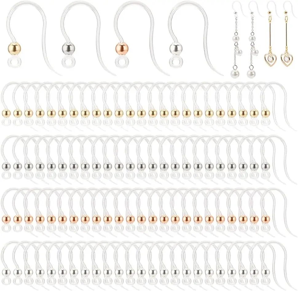 

304 Stainless Steel Earring Hooks with Clear Plastic Beads, 4 Colors, Non-Allergenic for DIY Jewelry Making