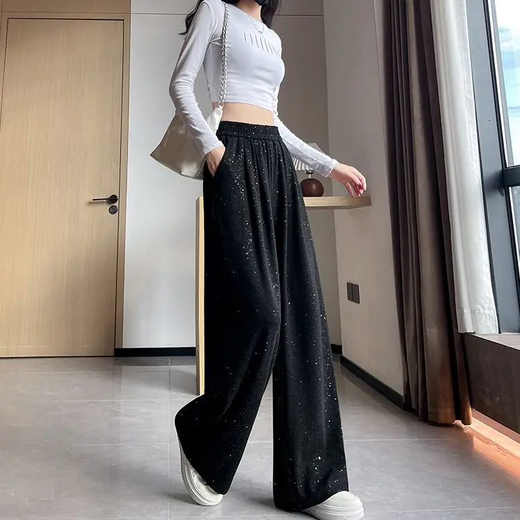 

Sophisticated Sequined Palazzo Bottoms for Women High Waist Straight Leg Loose Spring Autumn Leisure Trousers Slimming Effect