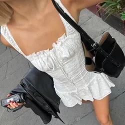 Sexy White Emboridery Flower Bow Ruched Chest Elastic Strap Mini Tank Dress Low Waist Spliced Folded Swing Women Sleeveless Robe