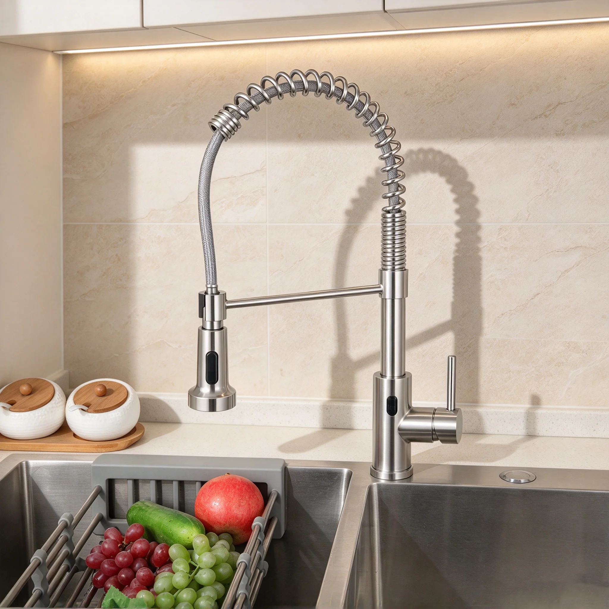 NLAKU Touch Sensor Pull Out Spring Kitchen Faucet LED Brushed Nickel Smart Touch Kitchen Sink Tap Hot & Cold Water Mixer Tap