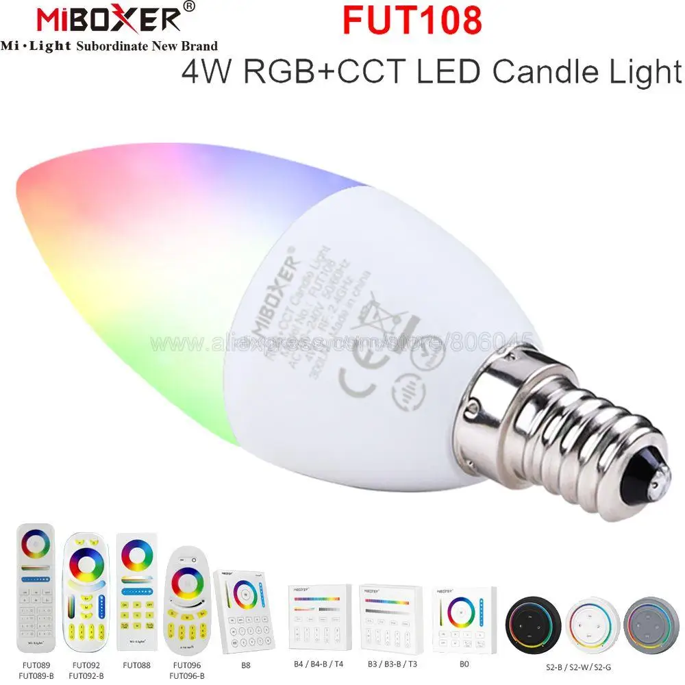 

MiBoxer FUT108 4W E14 RGB+CCT Светодиодная свеча переменного тока 110 В 220 В Полноцветная умная лампа Wi-Fi Пульт дистанционного управления Alexa Google Home Голосовое управление