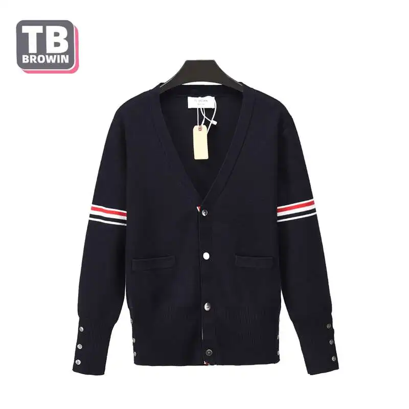 TB YJ01 Men's Wool Sweater  4 bar stripes thom New Floral Cardigan V-neck Luxury Cardigan Korean Casual