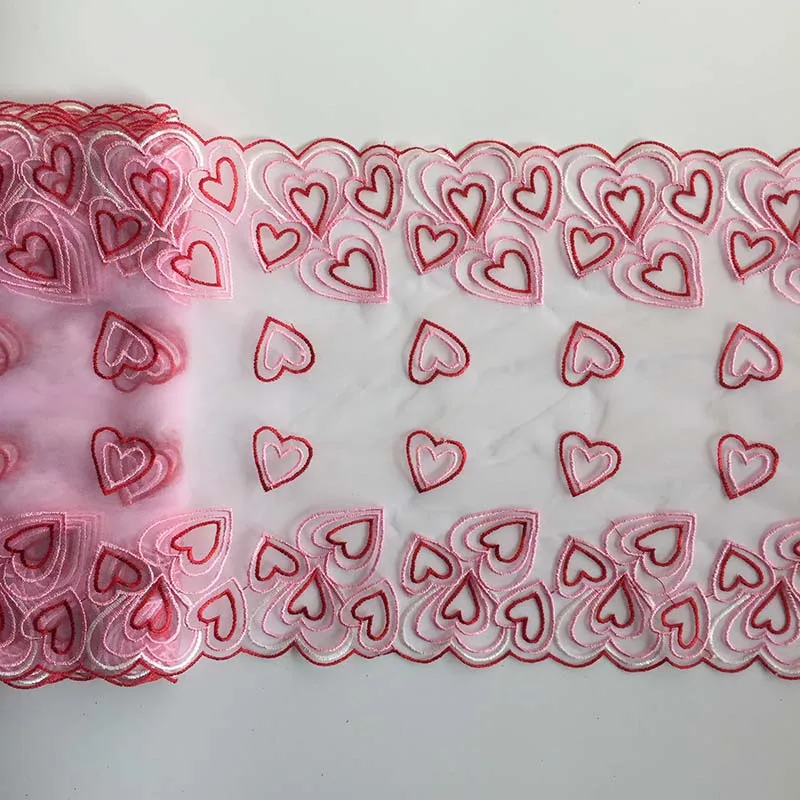 20/26Yards Embroidery Pink Lace Trim DIY Lingerie Accessories Hearts Embroidered Mesh Fabrics for Clothes Sewing Bowknot