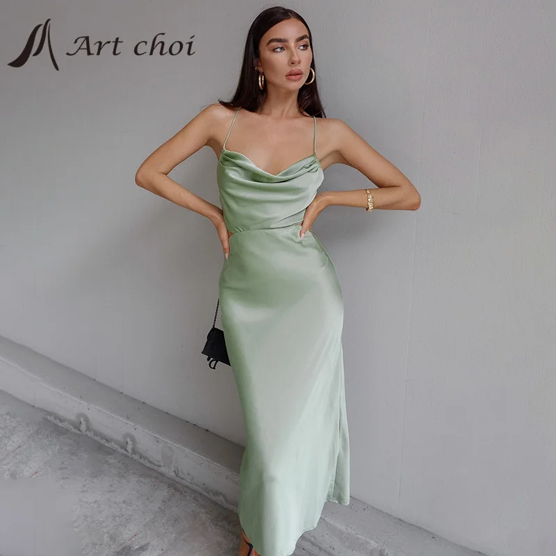 

Women's Satin Slip Evening Dress, Spaghetti Strap Dresses, Bodycon, Hollow Out, Backless, Deep V Neck, Sundress, Summer, 2024