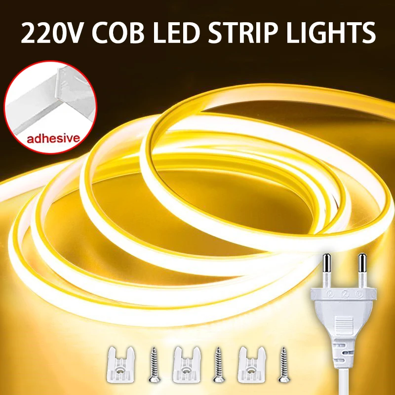 Tira de luces LED COB para habitación, dormitorio, cocina, cinta Flexible impermeable para exteriores, enchufe europeo, 1M-25M, 220V