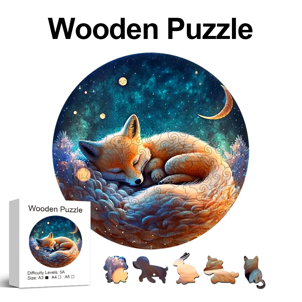 Sleeping fox-round madeira puzzle, irregular animal em forma de madeira puzzle, brinquedo decoração home, jogo família