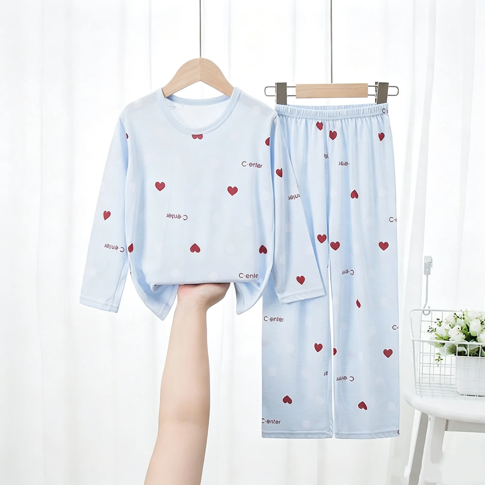100% Cotton Girls' Summer Pajamas A Set Baby Loungewear Children's Long-sleeved Air-conditioning Clothes Spring Autumn Trousers