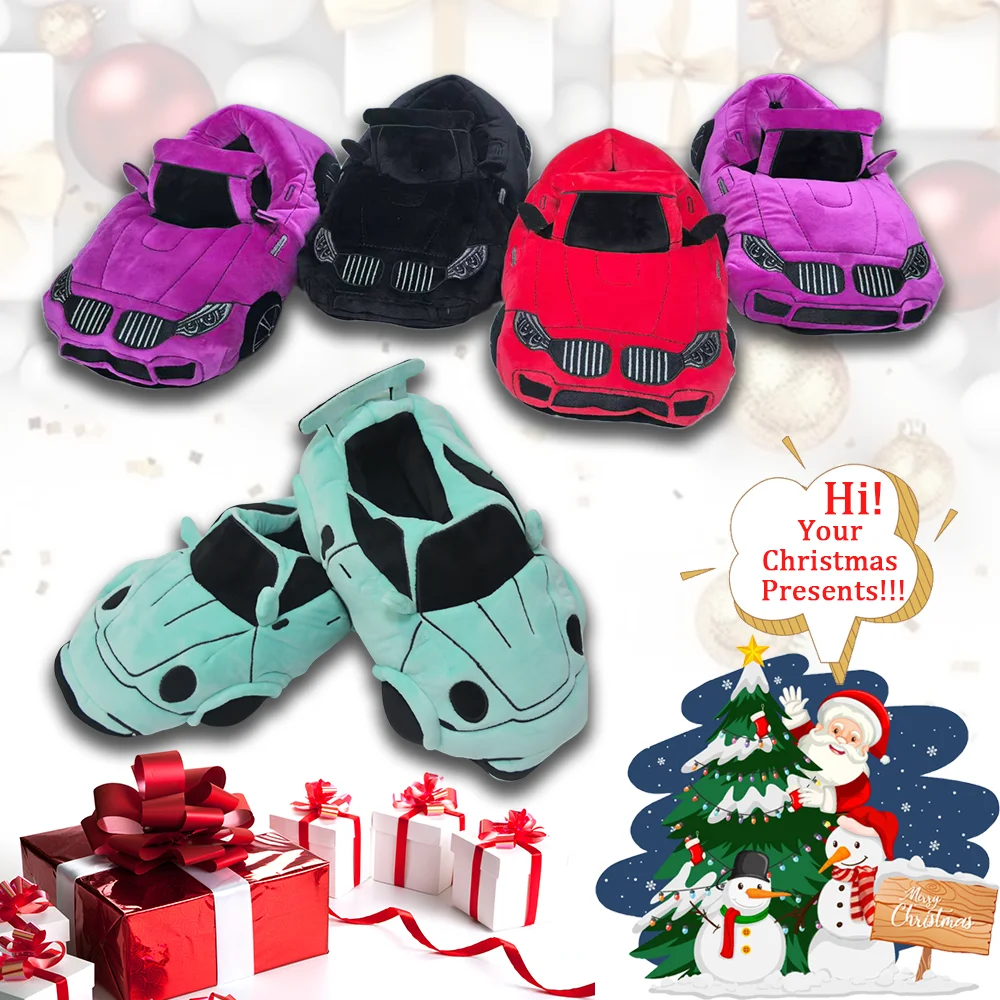 Merry Christmas Car Shape Plush Shoes White CAR Racing Plush Slippers Winter Warm Soft Creative Indoor House Slipper Adults Shoe