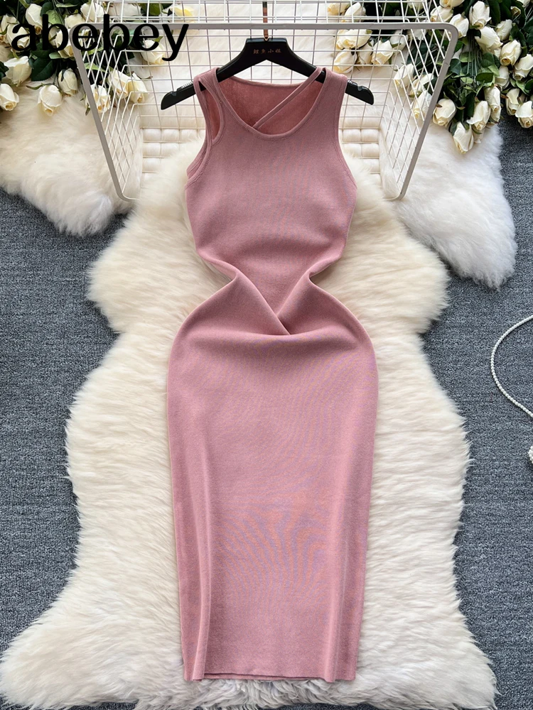 Cut out Summer Knit Sexy Strap Dress Women Tank Elatic Waist Bodycon Sundress Female Beach Solid Long Dress