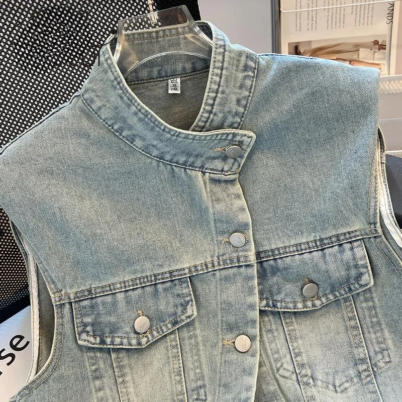Chaleco vaquero para mujer, chaqueta sin mangas con cuello levantado y bolsillos de un solo pecho, abrigo lavado Vintage de verano 2025, ropa de calle