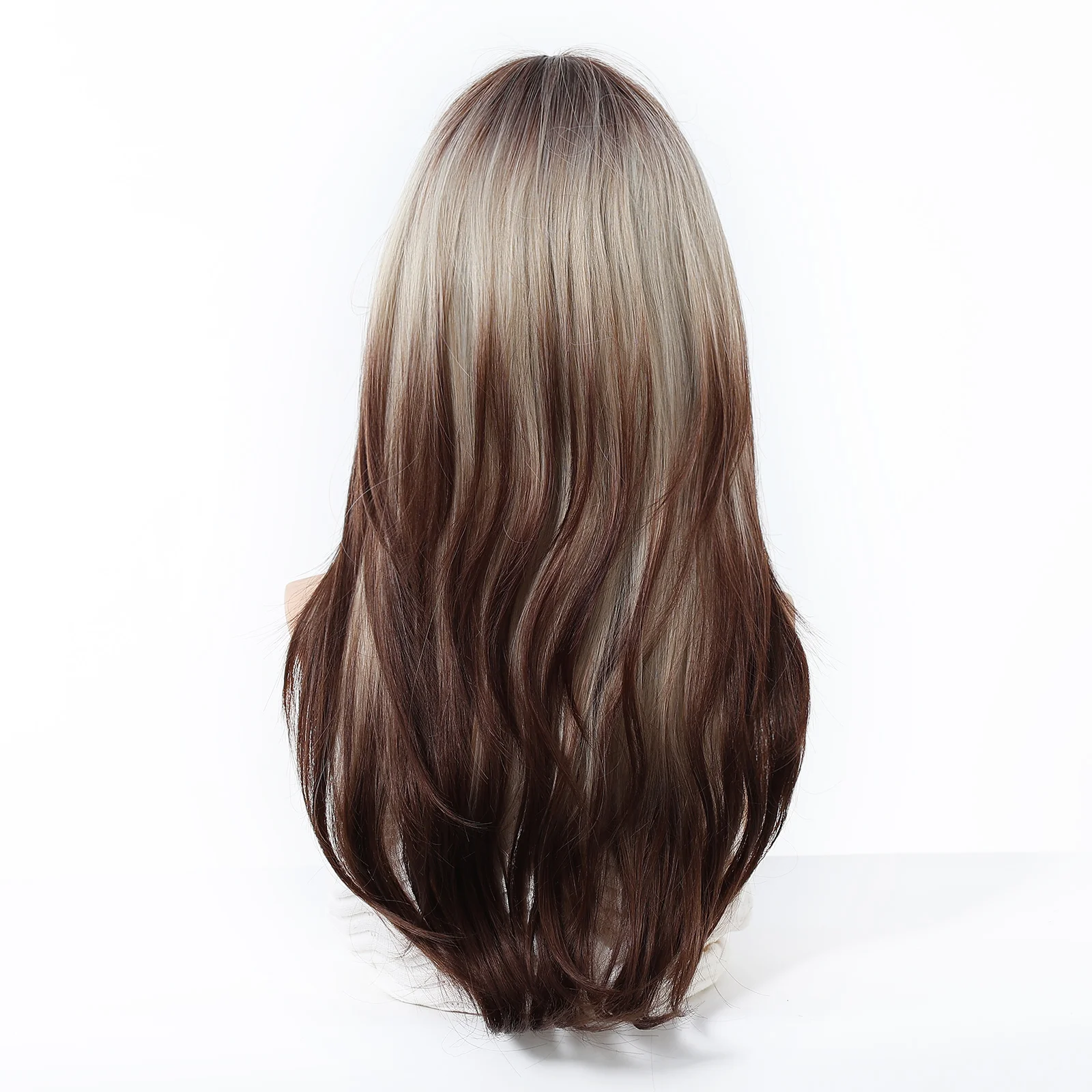 ロングストレートグレーブラウンオンブレ合成ウィッグ、前髪付き、女性用コスプレロリータパーティーレイヤードウィッグ、自然な見た目、耐熱性