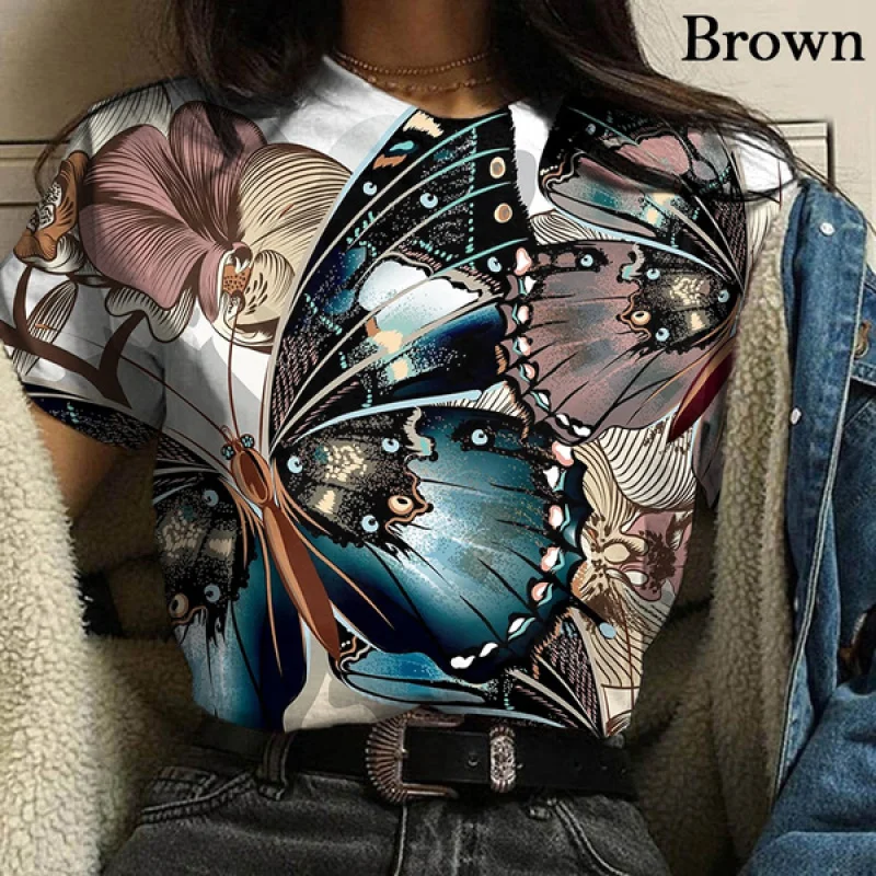 

3D Vintage Butterfly Printed T-shirt Women's Short Sleeve Summer Round Neck Shirt Female Tops
