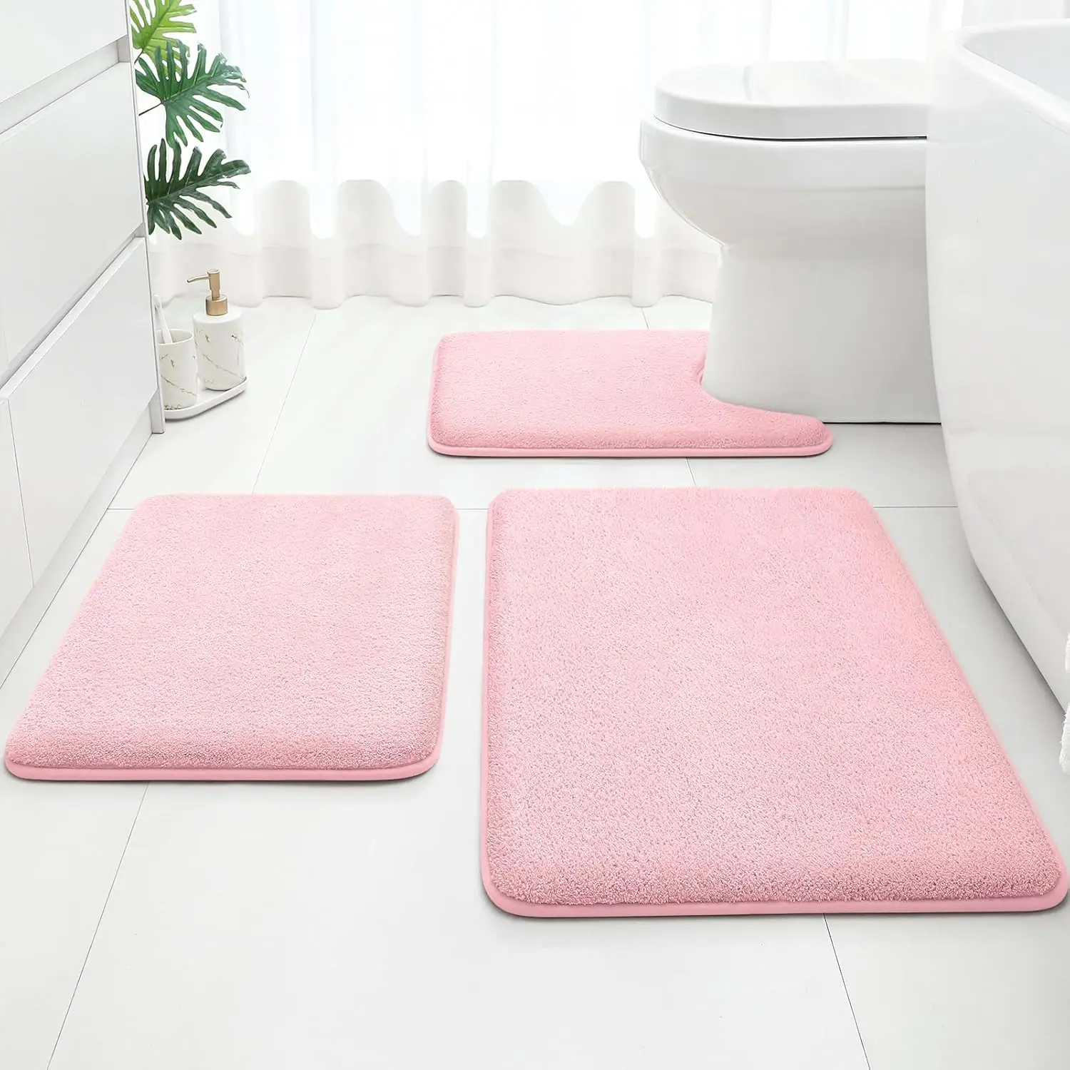 

Upgraded Bathroom Rugs Set, Extra Thick Absorbent Soft Memory Foam, Washable Toilet Bath Mat in Light Pink