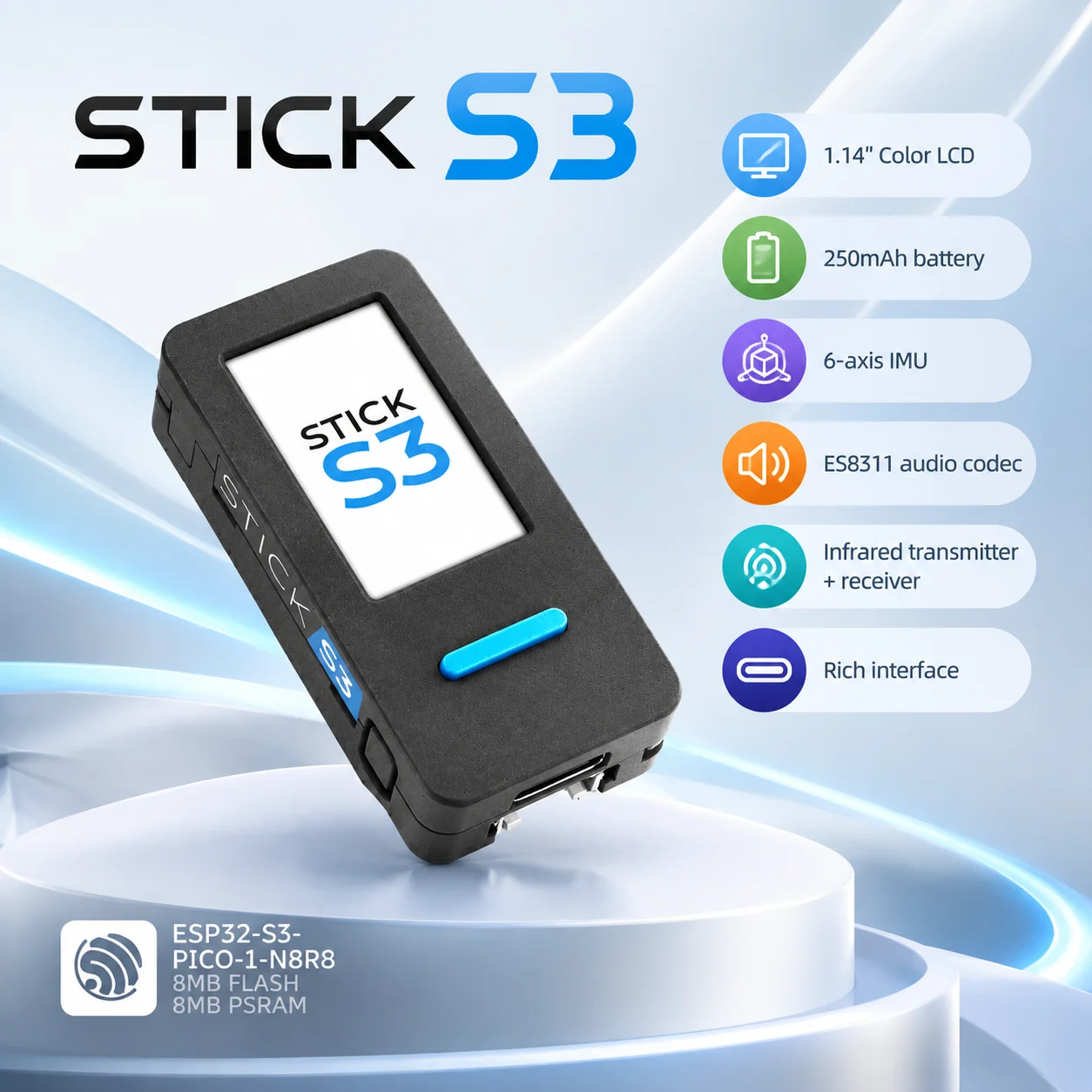 m5stack-sticks3-esp32-s3-wifi-dev-board-114-inch-lcd-6-axis-imu-mems-mic-speaker-ir-250mah-arduino-iot-programmable-controller