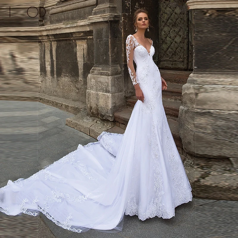 

Customized Sexy Mermaid Wedding Dress V-Neck Lace Appliques Long Sleeves Beading Bridal Gown Bride Dress Vestidos De YMW131