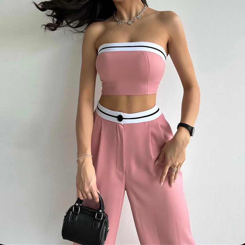 Women\'s Sexy And Fashionable Pants Set Spring/Summer Spicy Girls Sports Tube Top+High Waist Wide Leg 2 Piece Pant Suit S-2XL