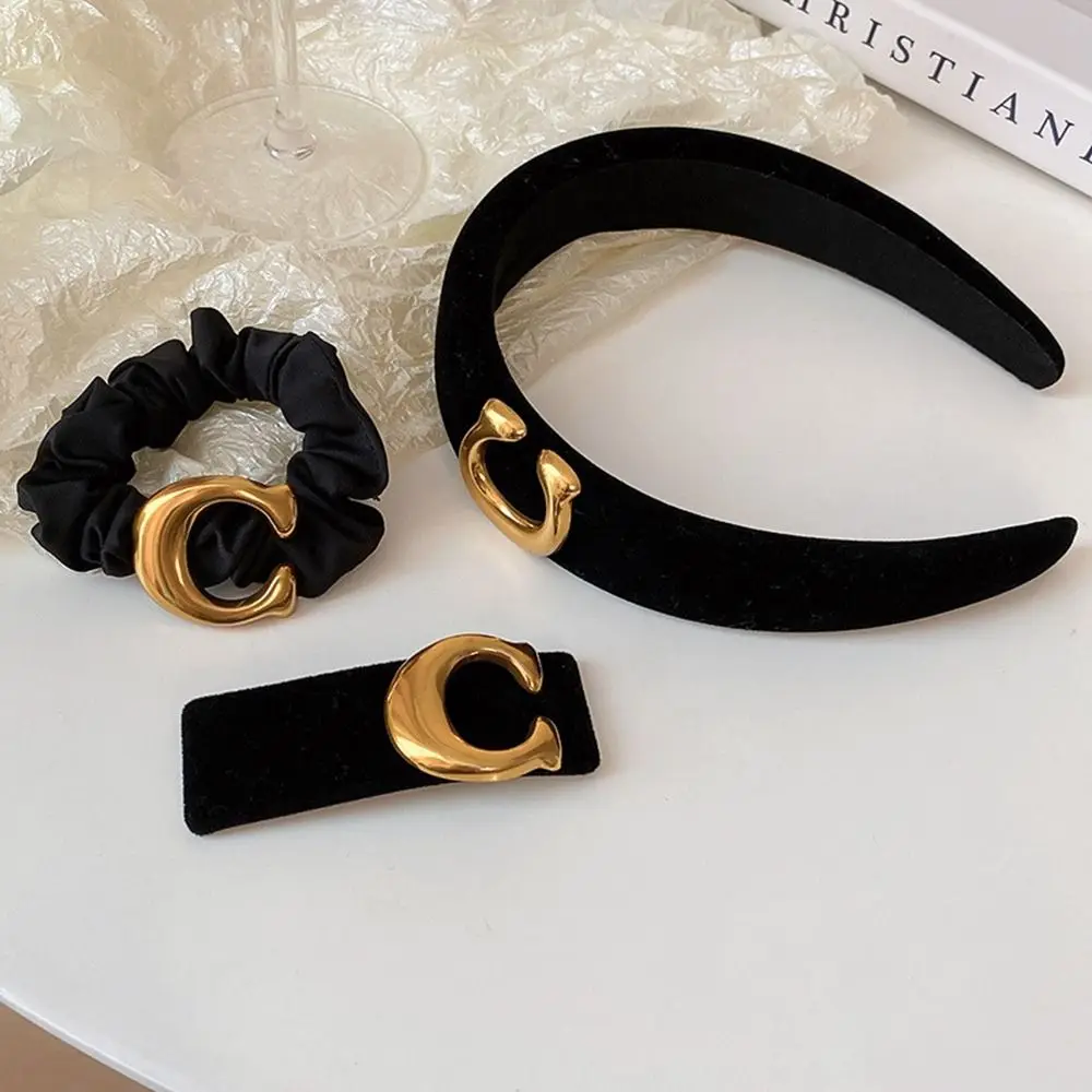French Chic Letter Black Velvet BB Hair Clip Women Simple High Sense Letter C Wide Hair Band Hairpin Hair Rope Hair Accessories