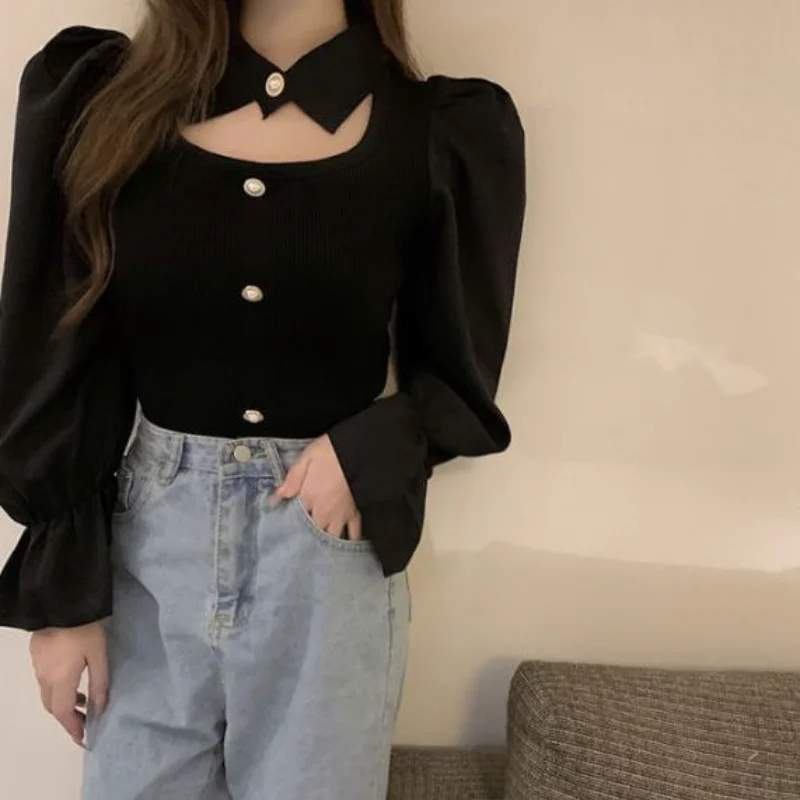 

Hollow Puff Sleeve Knitted Top for Women's Spring and Autumn New Slim Base Sweater