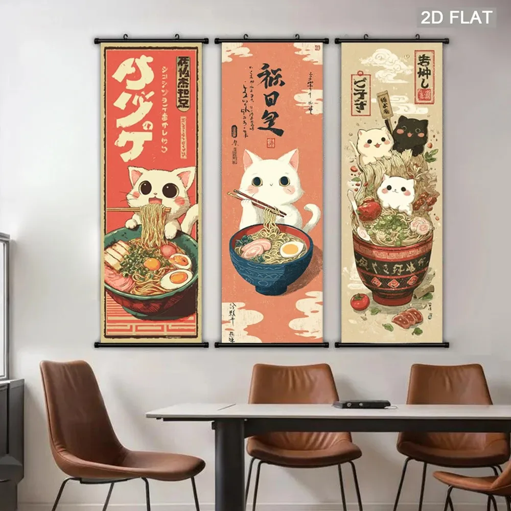 VIKAMA Kawaii Cat Eating Ramen 3 Piece Wall Scroll Tapestry Set Vintage Japanese Poster Wall Decor Gift for Kitchen Cafe