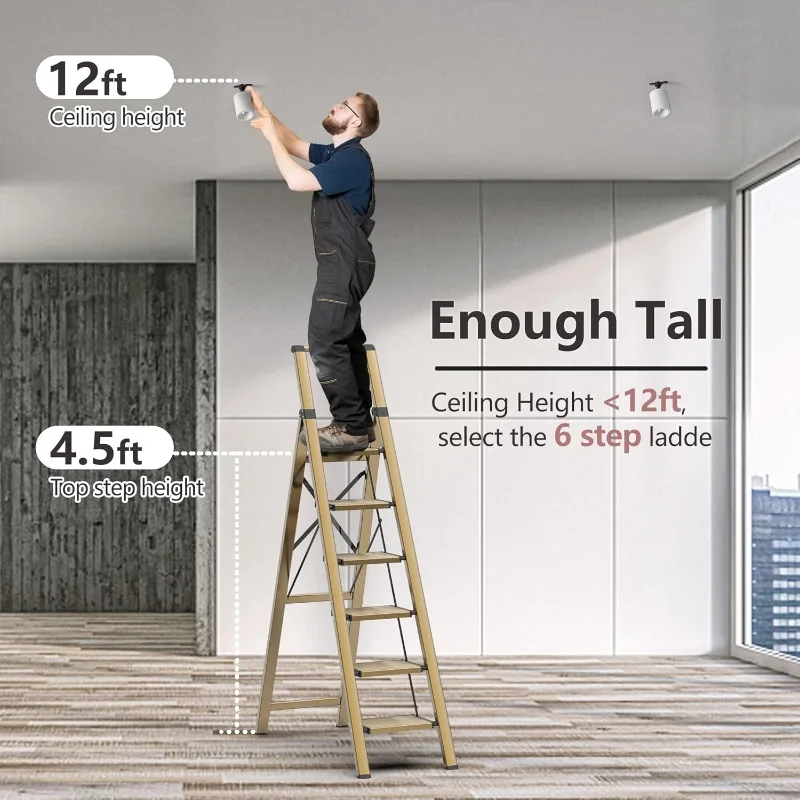 Gold  6 Step Ladder for 12 Feet High Ceiling, Stepladders with Anti-Slip and Wide Pedal for Home Use Space Saving