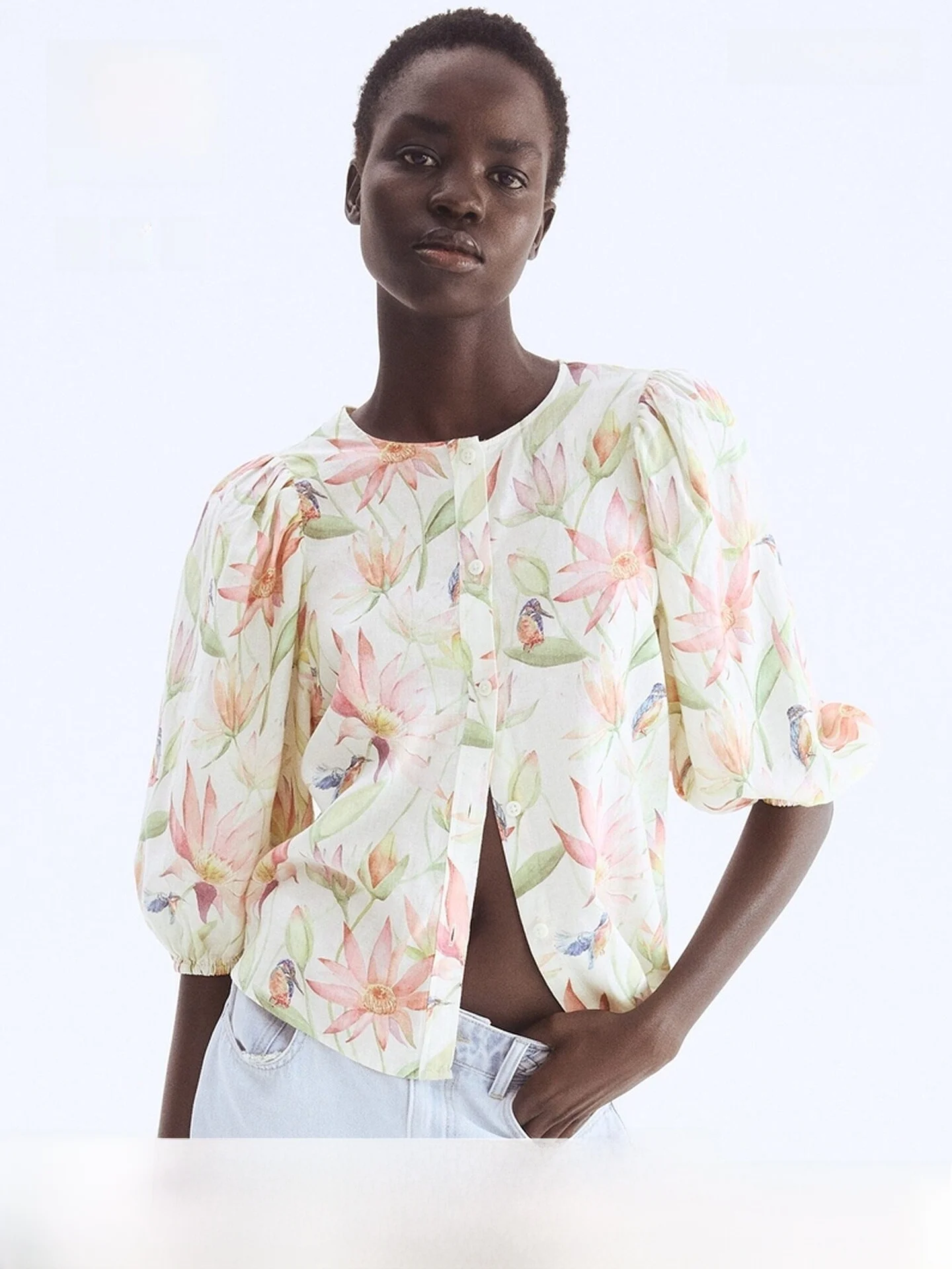 

Женский повседневный летний топ свободного кроя irt H&M Linen Mix Bubble Sve с принтом, круглый, Ne Five Sve, длинный, стандартной длины