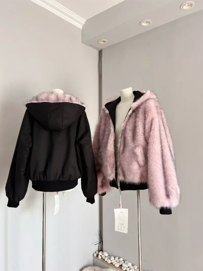 MiiiiX Sweet Pink Reversible Faux Fur Jacket Plush Hooded Sweatshirt Loose Casual Thicken Hoodies Outerwear Women's Winter Coat