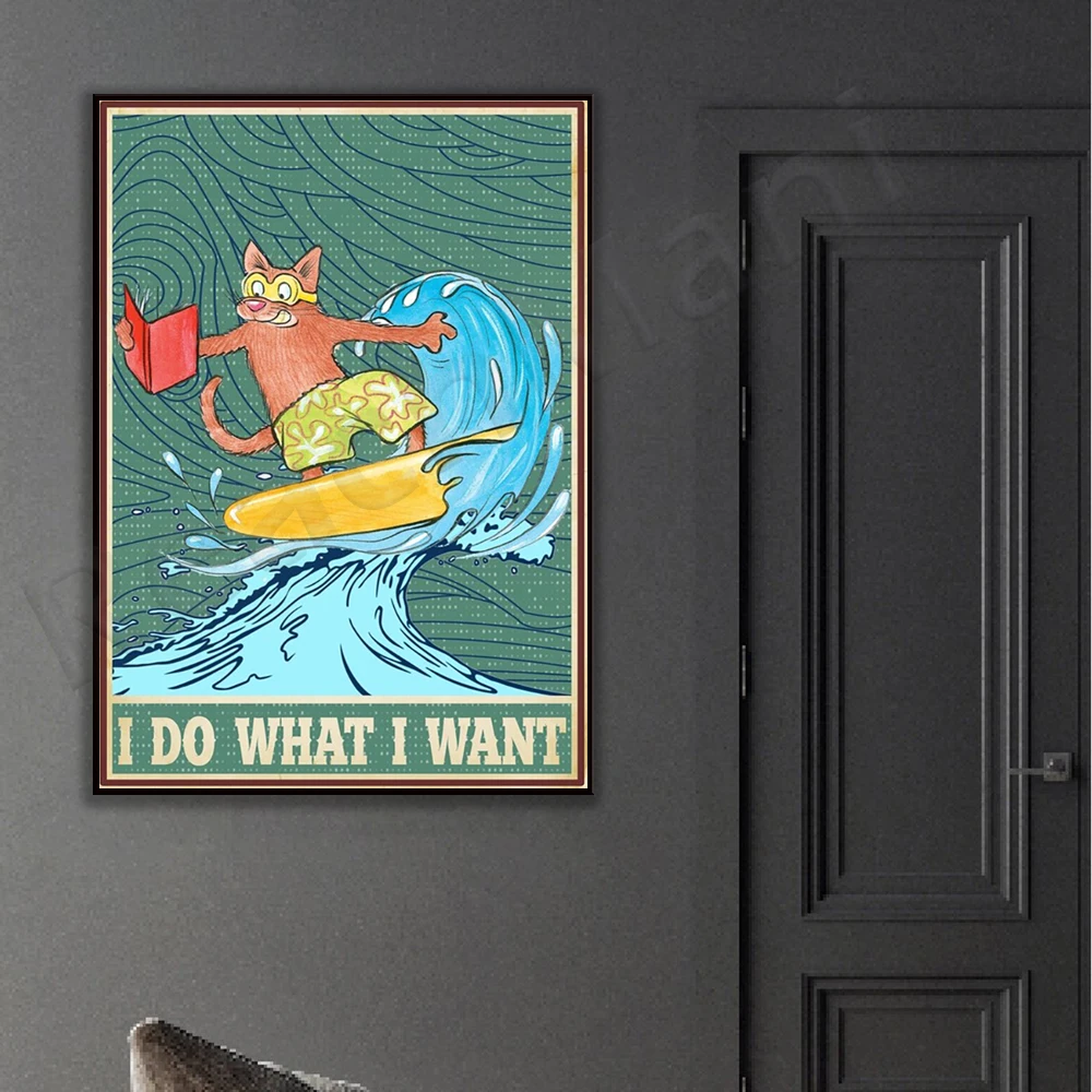 أفعل ما أريد ملصق هدايا القطط المضحكة، ملصق ركوب الأمواج على شكل قطة