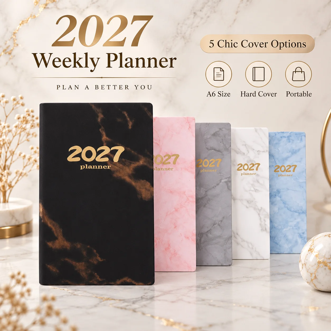 2027 A6 Weekly Planner, Marble Pu Soft Cover Notebook, Portable Schedule Journal With Ribbon Bookmark For Office & Study