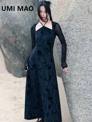 UMI MAO Chinese Style Dark Black Hanging Neck Belly Pocket Dress Sexy Temperament Flocking Waist Long Sleeve Dresses Summer