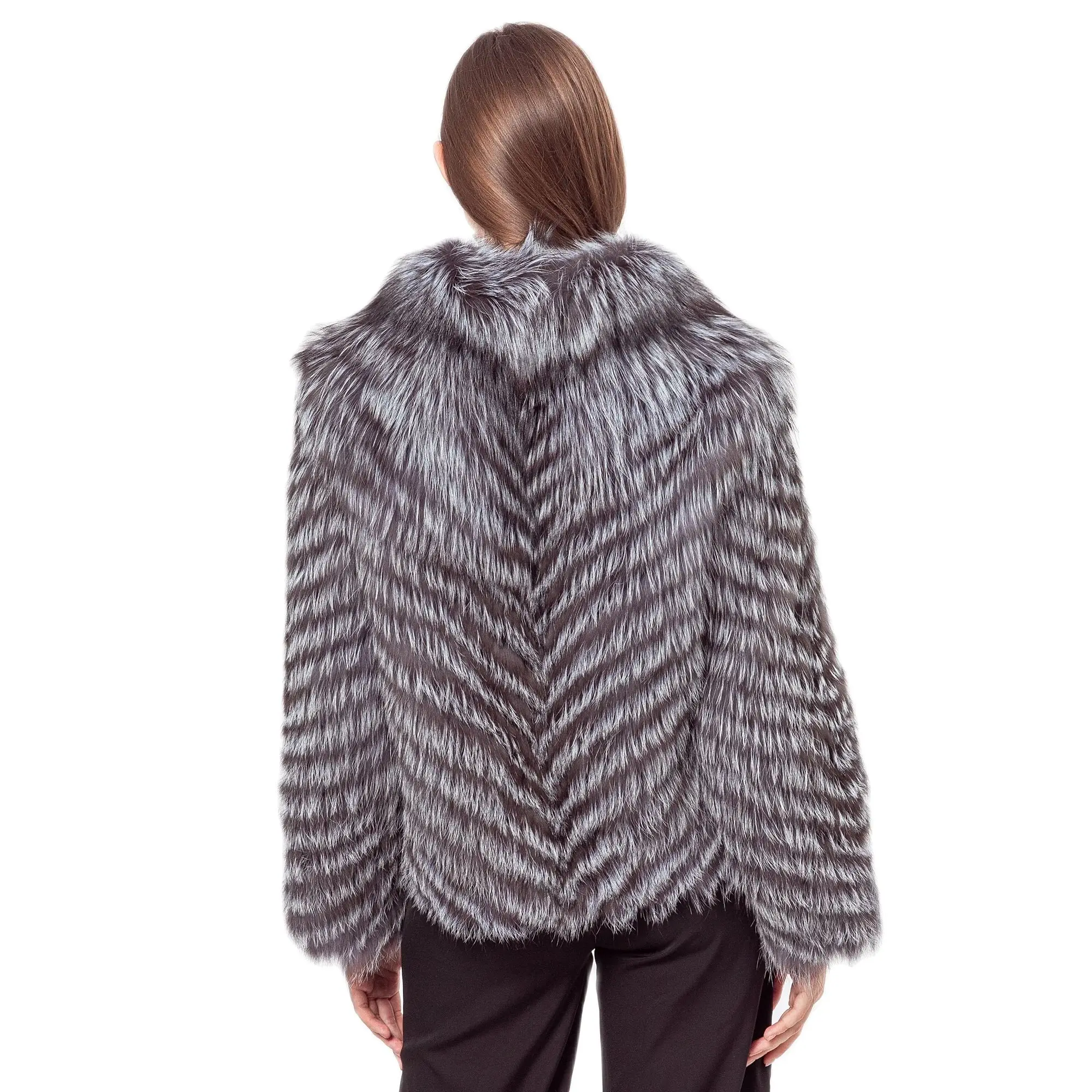 Real Natural Silver Fox Fur Crop Jacket, Stripe Chinchilla Coats, 21A0728