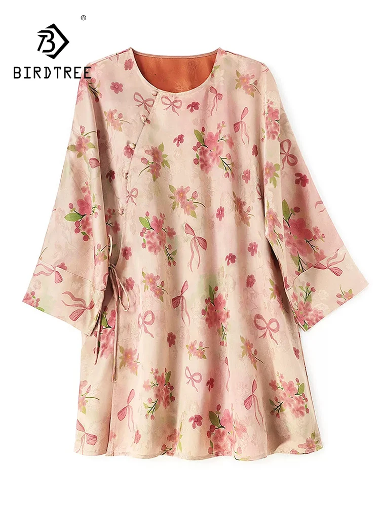 BirdTree-32MM Silk Watered Gauze Elegant Shirt, O Neck Floral, Women Temperament Commute Loose Blouse, 2026 Autumn New T68829CC