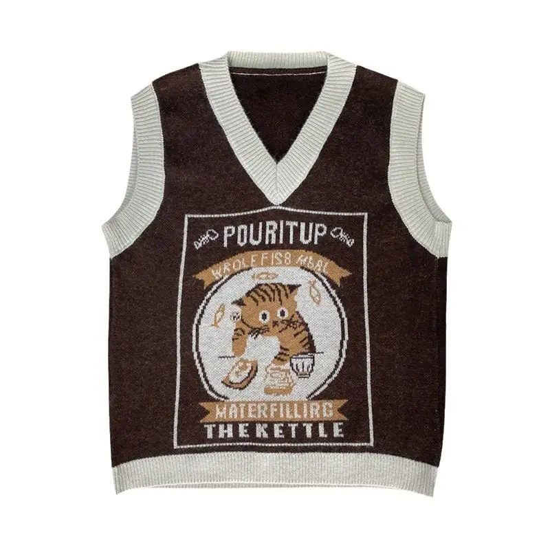 Japanese Cute Cat Jacquard Sleeveless Knit Vest Women Student Spring Autumn Outer Wear Layering Tops Waistcoat Sweet Girls Tops