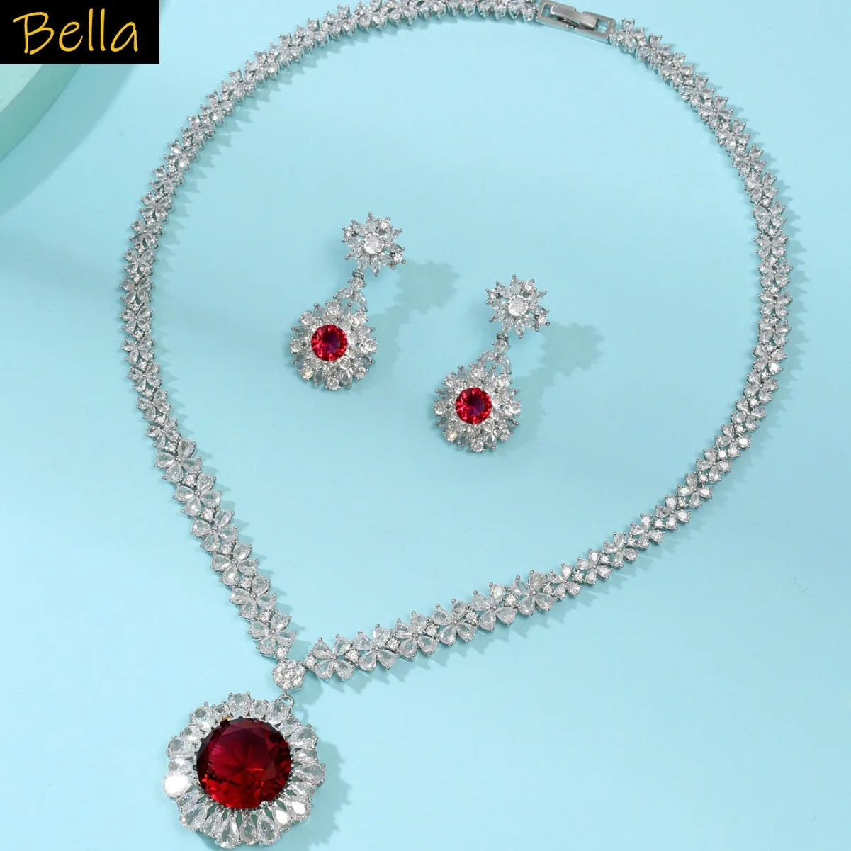 

party jewelry set 2pcs necklace earrings large round flower pendant red green blue yellow zirconia wedding bride luxury jewelry