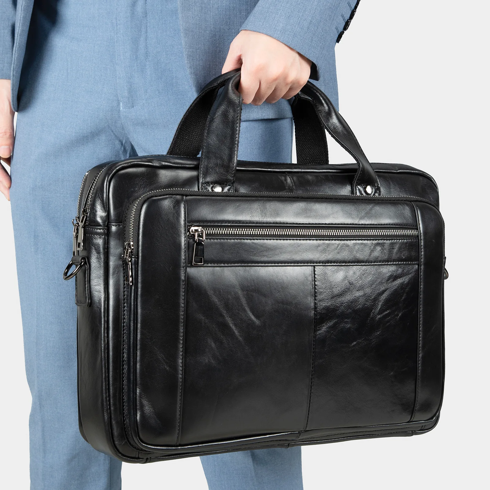 ของแท้หนังธุรกิจ Briefcases สีดําสําหรับชายกระเป๋าถือหรูแล็ปท็อปกระเป๋าเอกสารกระเป๋า 16 นิ้วกระเป๋าคอมพิวเตอร์สํานักงาน
