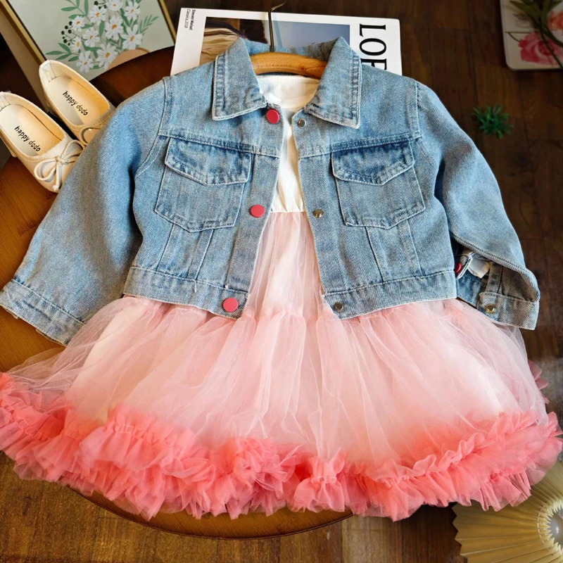 3 4 5 6 8 Years Girls Clothing Set Spring Autumn Cute Cartoon Rabbit Denim Coat+Mesh Princess Dress 2Pcs For Kids Fashion Outfit