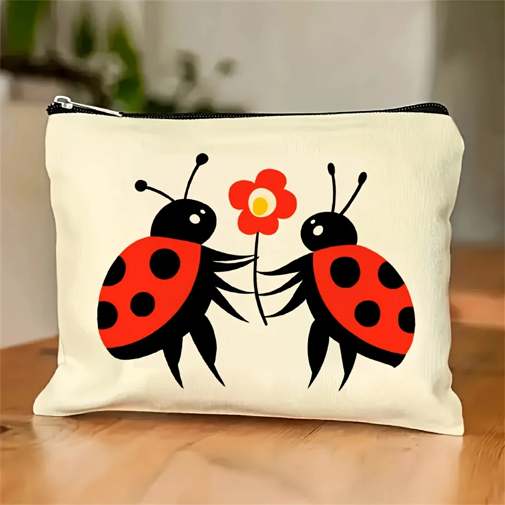 

ACute Cartoon Ladybug Print Makeup Bag- Multifunctional Zipper Pouch, Jewelry Storage Bag, Perfect Travel Zipper Small Storage B