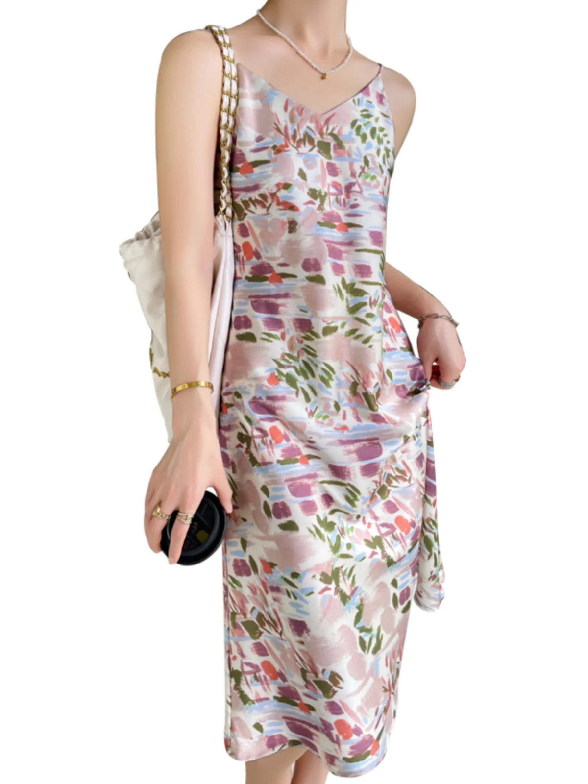 엘리 서머 아세테이트 새틴 테르 드 시크 프린트 미디 길이 가운 브이넥 하이 웨이스트 A라인 스커트 노슬리브 롱 드레스