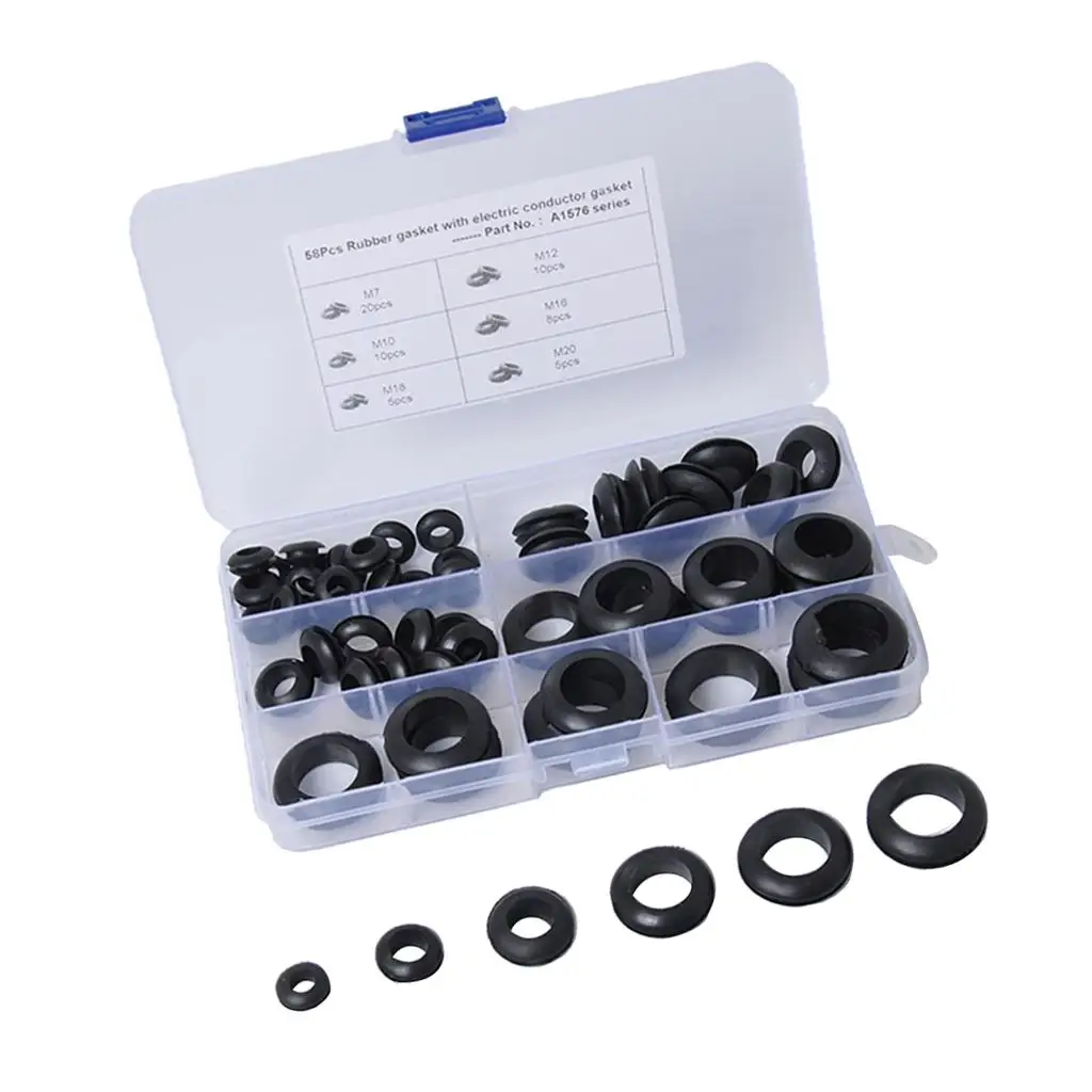 58 Pcs/Set 6 Kinds Double Sides O Ring Rubber Grommet Washer Gasket Seals Assortment Wiring Coil Gasket for Cables Wires