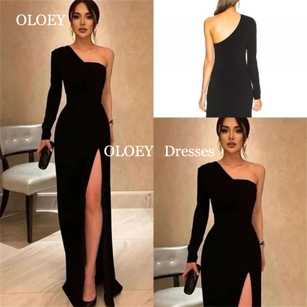 

OLOEY Modest Black One Shoulder Straight Evening Dresses Full Sleeves Arabic Formal Party Gown Floor Length Side Slit Customized