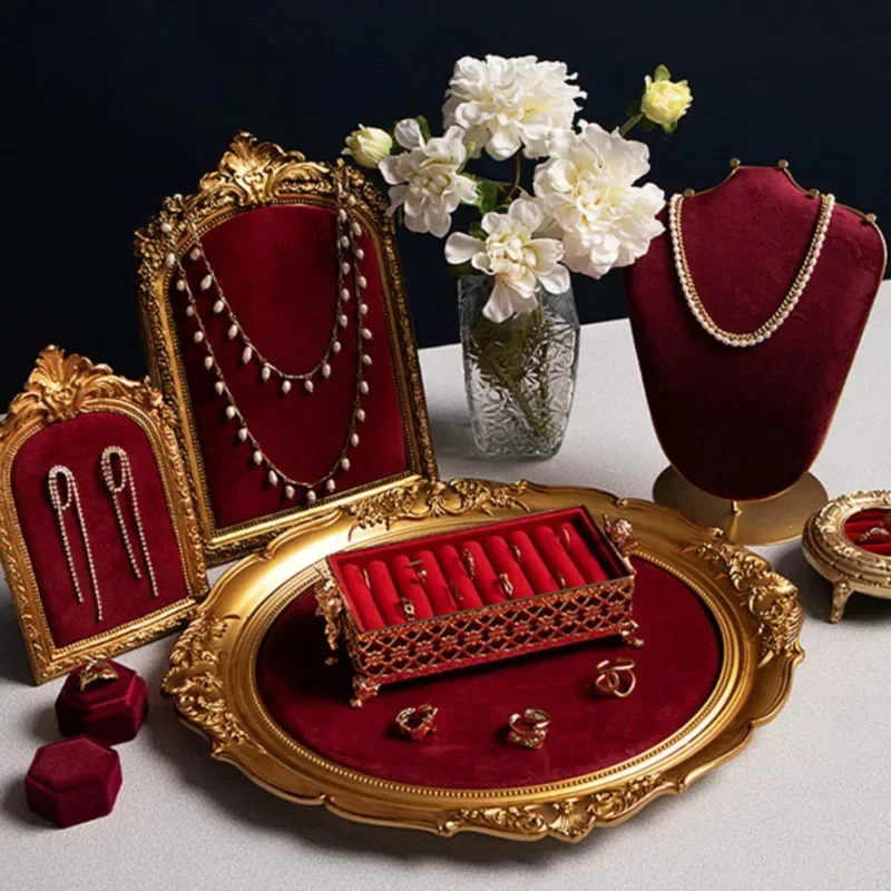 Light Luxury Red Flannelette Photo Frame Necklace Stand Jewelry Store Shooting Props Ring Tray Shop Jewelry Display Rack