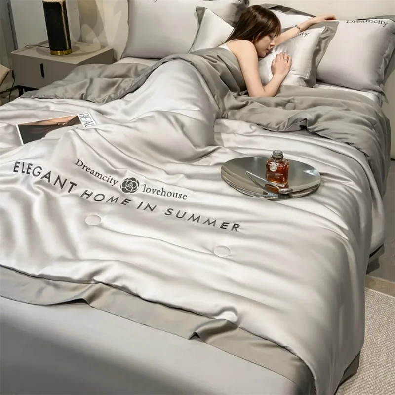 

2025 New product washed silk ice silk embroidered Tencel summer quilt four-piece air conditioner quilt summer cool quilt