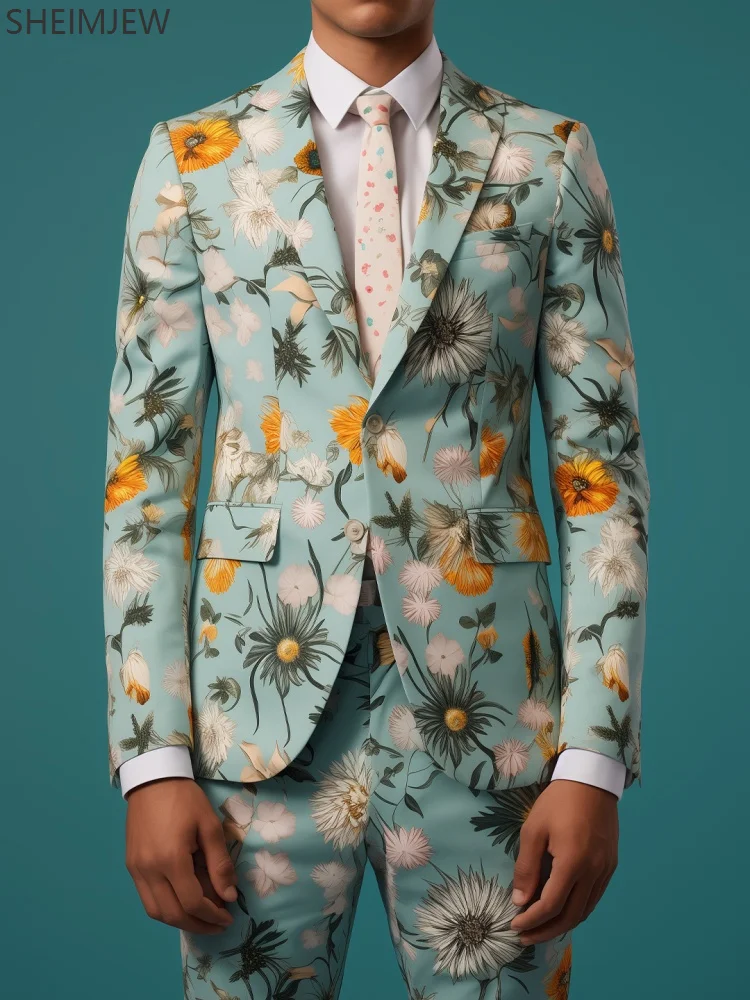 Traje ajustado con flores coloridas para hombre, traje informal con estampado 3d de plantas para boda, chaqueta para el Día de San Valentín, pantalones, conjunto de actuación para fiesta y fiesta