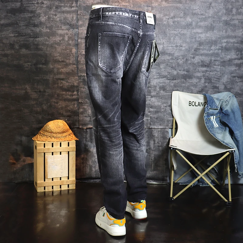 Fashion Designer Men Jeans High Quality Retro Black Gray Stretch Slim Fit Ripped Jeans Men Vintage Casual Denim Pants Hombre