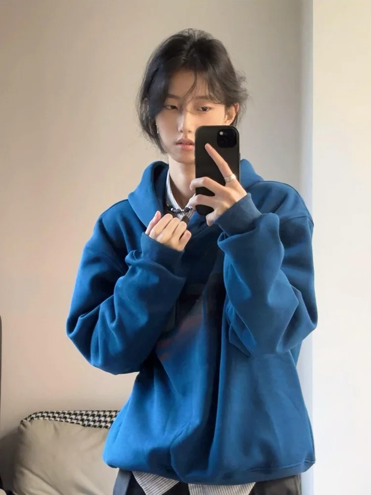 

Retro American Deep Blue Print Hoodie Women's Autumn Winter Thiened Fce Loose Couple Outfit Jaet Casual Comfortable