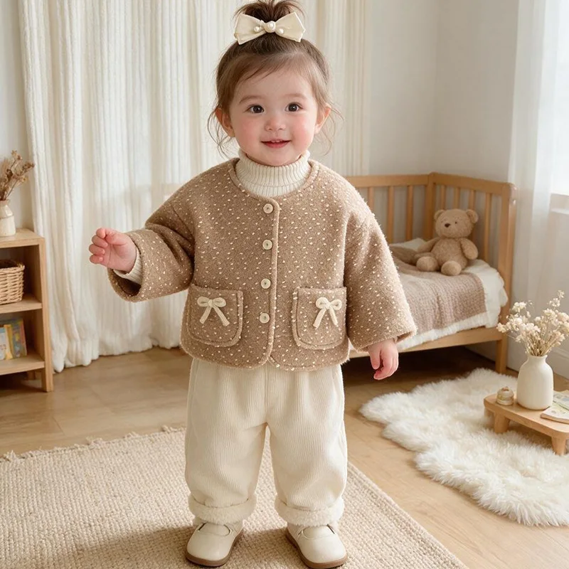 2026 Winter New Children's Wave Point Soft Sticky Round Neck Bow Warm Cotton Jacket