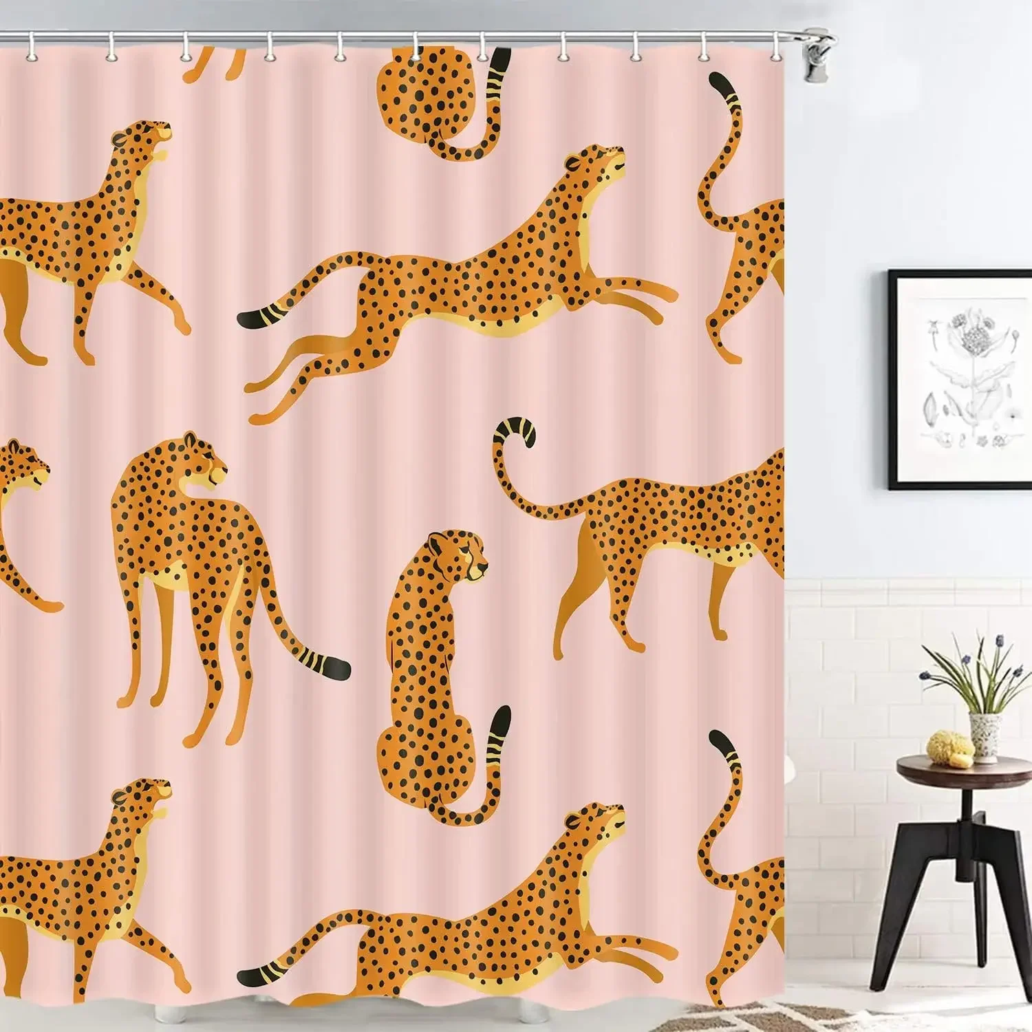 Boho Pink Background Running Cheetah Animal Print Shower Curtain Waterproof Mildew Resistant Polyester Fabric With Plastic Hooks