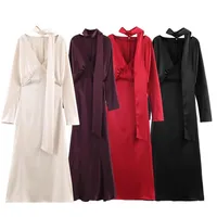 2026 New Scarf Solid Elegant Maxi Dresses Women Spring V Neck Long Sleeve Club Party Long Dress Female Chic Slim Fit Dresses - Image 6